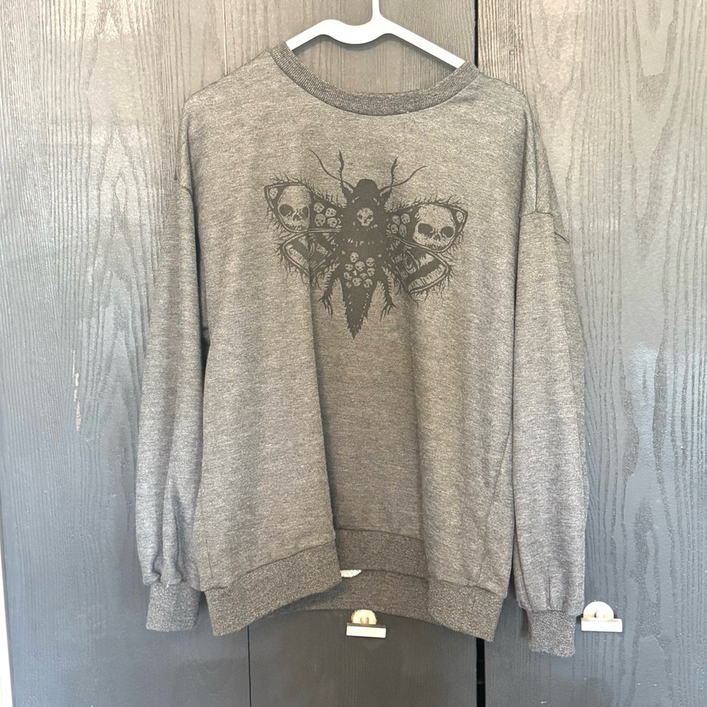 SHEIN Women's Dark Grey Crewneck Sweater Cozy Moth Skull Design Size S